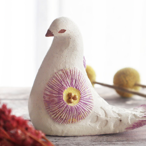 陶置物 幸せ運ぶ白い鳥 アンティーク風仕上げ パステルライラック 再販