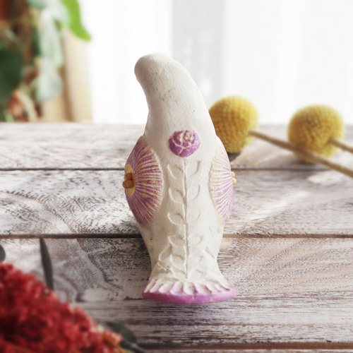 陶置物 幸せ運ぶ白い鳥 アンティーク風仕上げ パステルライラック 再販