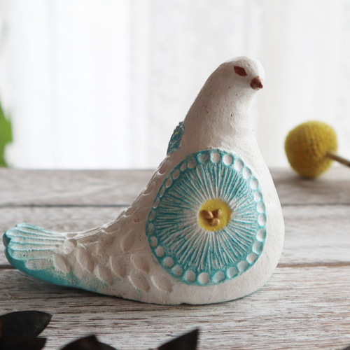 超レア！陶器製 鳥と植物の立体装飾 陶置物 幸せ運ぶ白い鳥 アンティーク風仕上げ／ターコイズ4 夏色新色