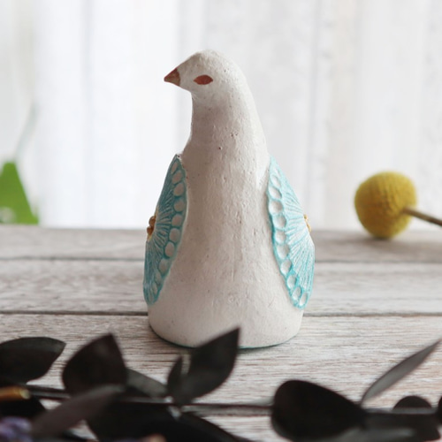 陶置物 幸せ運ぶ白い鳥 アンティーク風仕上げ／ターコイズ4 夏色新色