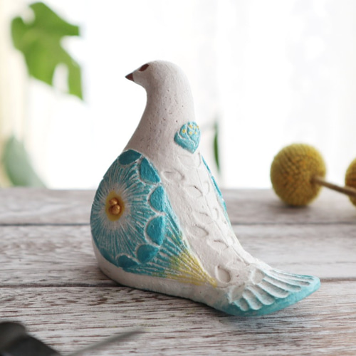 詳細不明 鳥の置物 陶器 陶置物 幸せ運ぶ白い鳥 アンティーク風仕上げ／ターコイズ5 夏色新色