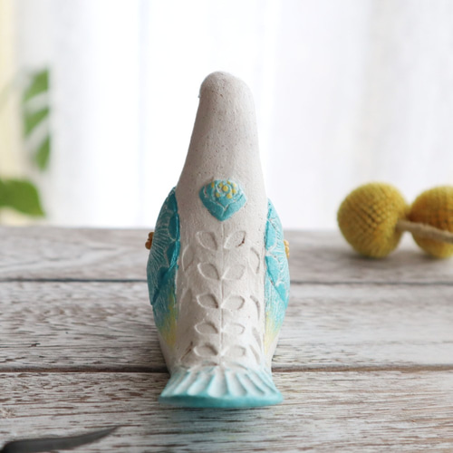 置物　アンティーク　白鳥　鋳物 陶置物 幸せ運ぶ白い鳥 アンティーク風仕上げ／ターコイズ7 お花