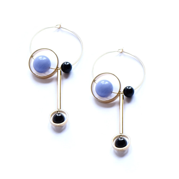 ALYSSA & JAMES 月亮系列 黑色藍色瑪瑙圓圈耳環 E102-BLACK 第4張的照片