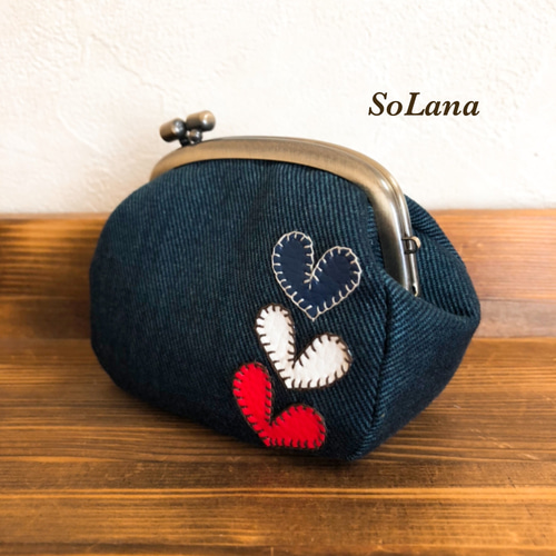 幸せ感じるミモザ刺繍 リネン がま口ポーチ 手刺繍ポーチ がま口