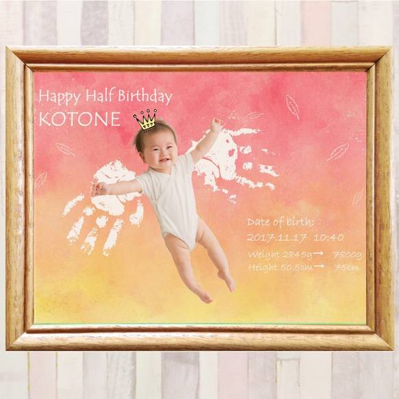 お子様の誕生・1歳誕生日・ハーフバースデーの記念に！おしゃれ手形アート（天使）/写真入り/ファーストバースデー/誕生日 1枚目の画像