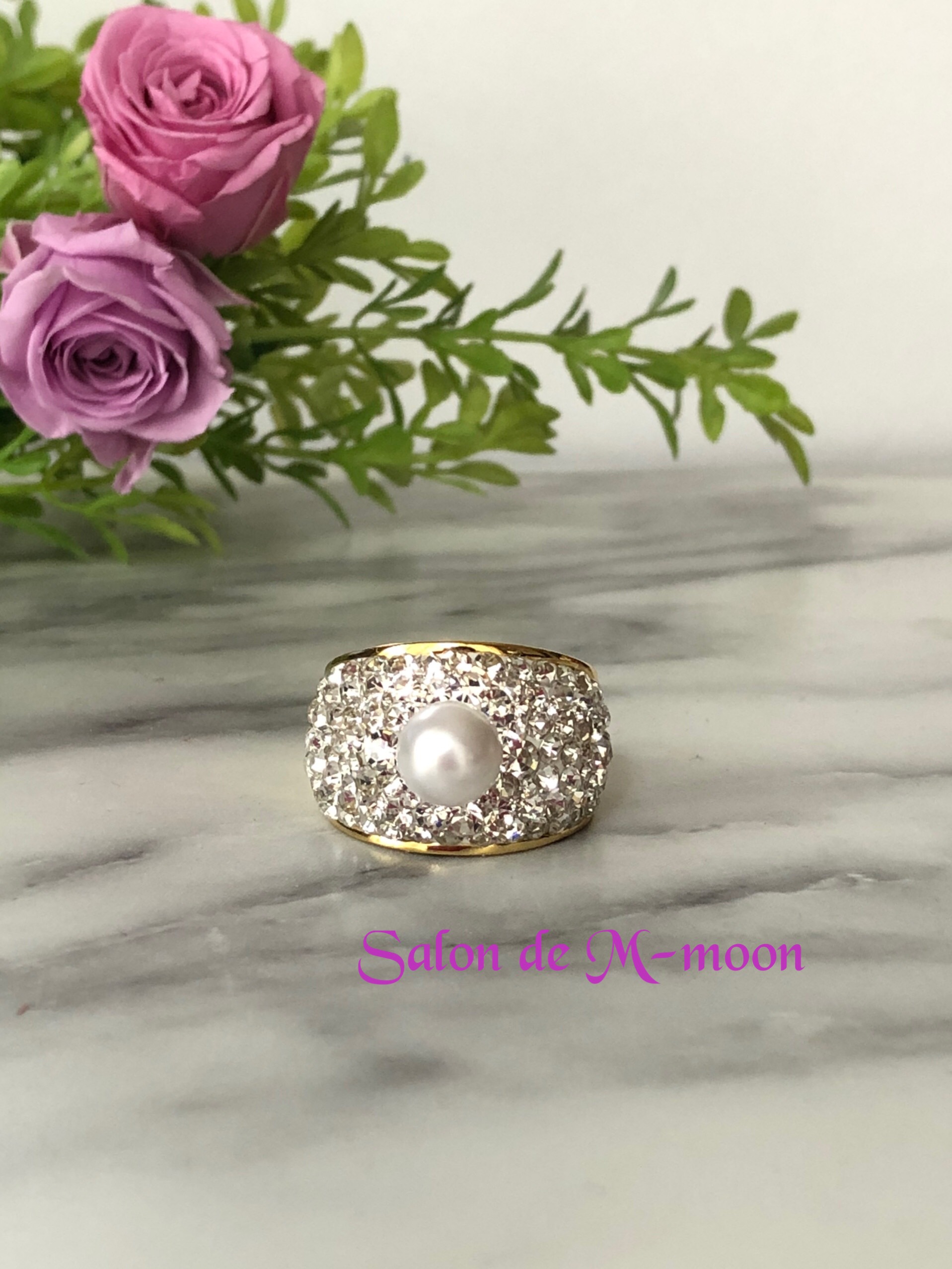 パールリング ゴールド シルバー グルーデコ ハンドメイド エレガントリング 再販×3】グルーデコ クリスタルパール ボリューム リング 大粒 パール