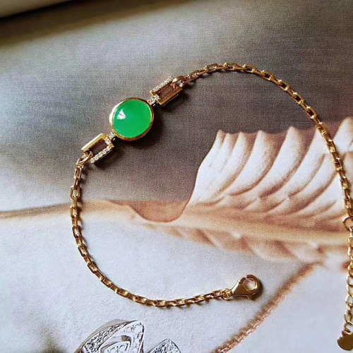 751 受注制作 18金ゴールド 天然 陽緑 本翡翠 ブレスレット ピンク  
