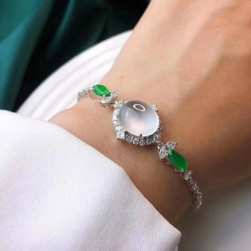 760 受注制作 極上品 18金 天然 氷種 陽緑 白氷 翡翠 ブレスレット  