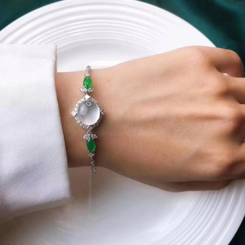 760 受注制作 極上品 18金 天然 氷種 陽緑 白氷 翡翠 ブレスレット  