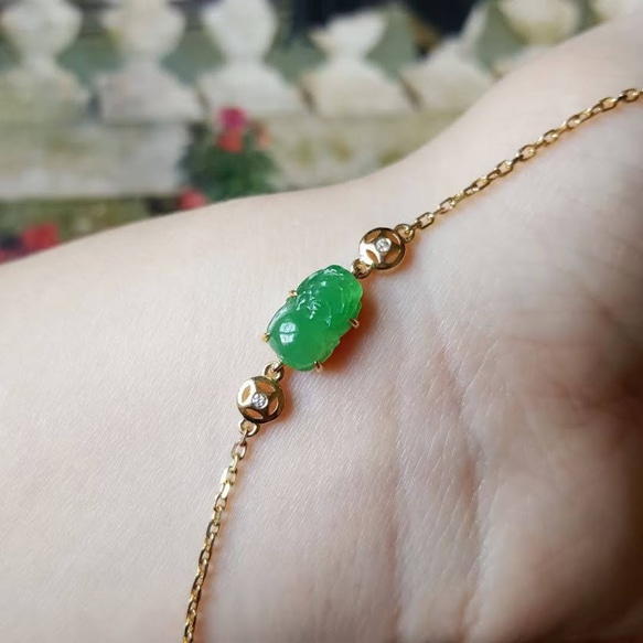 838 受注制作 陽緑 本翡翠 貔貅 18k金ゴールド ネックレス 