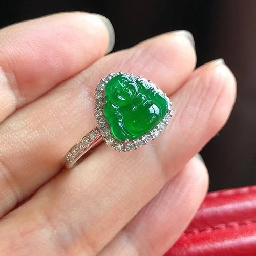 844 受注制作 k18金ゴールド 天然 陽緑 本翡翠 リング みろくぼさつ