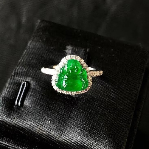 844 受注制作 k18金ゴールド 天然 陽緑 本翡翠 リング みろくぼさつ