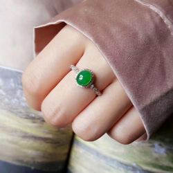 399 受注制作 k18金ゴールド 楕円 ろうかん ミャンマー産 陽緑 本翡翠 リング ダイヤモンド 指輪 結婚記念日 2枚目の画像