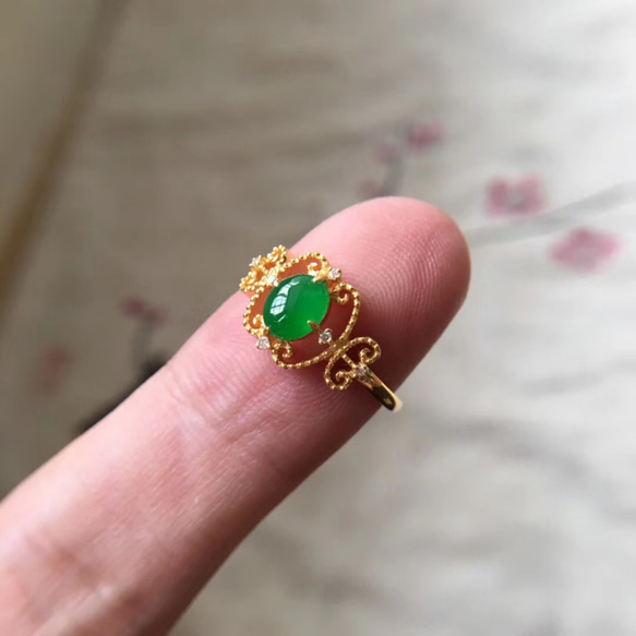 K18 ゴールドリング（翡翠２個）　アンティーク 受注制作 k18金 ピンクゴールド リング 本物 翡翠 指輪 結婚記念日 母