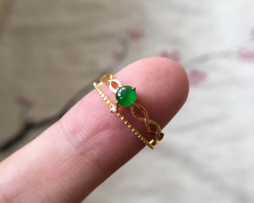 434 受注制作 k18金ゴールド 天然 本翡翠 ダイヤモンドリング 指輪 母