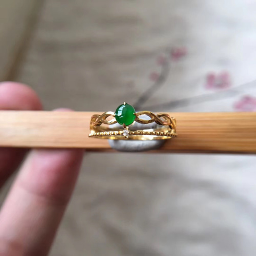 434 受注制作 k18金ゴールド 天然 本翡翠 ダイヤモンドリング 指輪 母