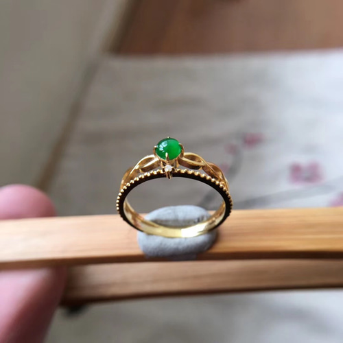 434 受注制作 k18金ゴールド 天然 本翡翠 ダイヤモンドリング 指輪 母