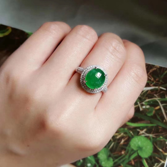 本翡翠k18金、天然ダイヤモンド氷陽緑本翡翠指輪〜10号