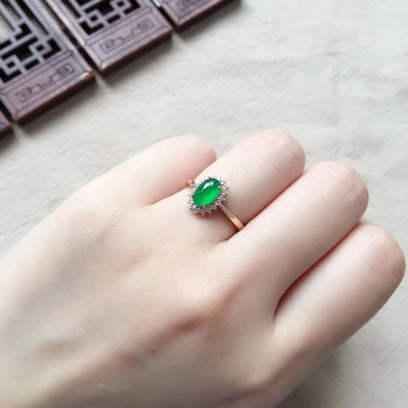 本翡翠 氷陽緑k18、ダイヤモンド指輪 - リング