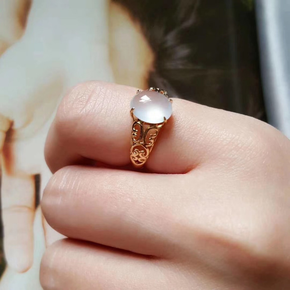 480 受注制作 k18金ゴールド ミャンマー産 天然 白氷 本翡翠 リング 指輪 ピンクゴールド 母の日 プレゼント 2枚目の画像