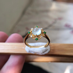 519 受注制作 k18金ゴールド 氷種 白氷 ろうかん 陽緑 本翡翠 リング ダイヤモンド 指輪 指輪 母の日 誕生 3枚目の画像