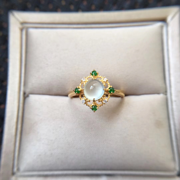 519 受注制作 k18金ゴールド 氷種 白氷 ろうかん 陽緑 本翡翠 リング ダイヤモンド 指輪 指輪 母の日 誕生 8枚目の画像