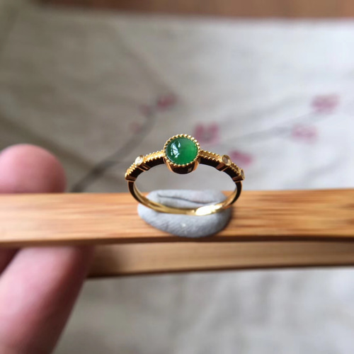 525 受注制作 k18金ゴールド 氷種 陽緑 本翡翠 リング