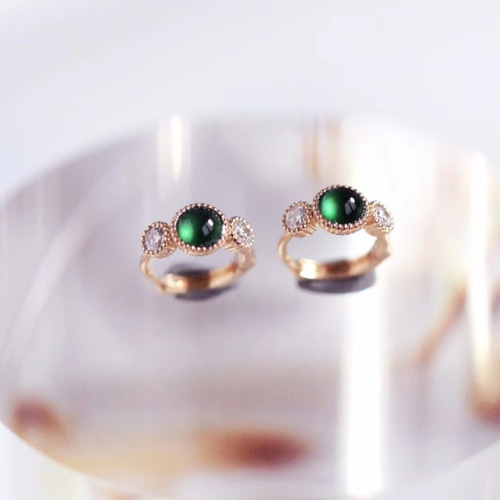 688 受注制作 k18金 グアテマラ産 深暗緑 氷種 本翡翠 ヒスイ フープ  