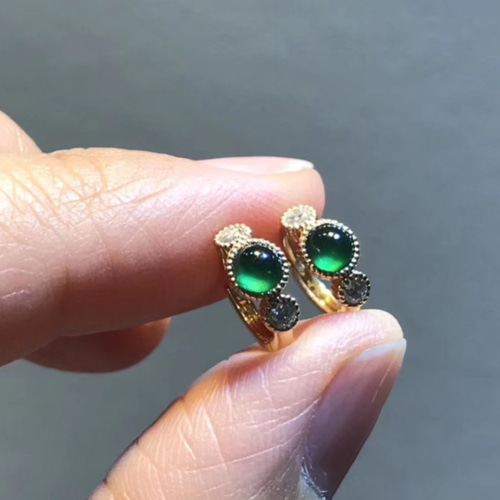 688 受注制作 k18金 グアテマラ産 深暗緑 氷種 本翡翠 ヒスイ フープ  