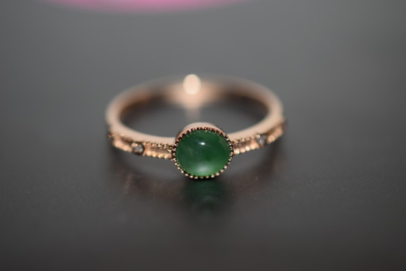 724 受注制作 天然 氷種 深緑 k18金 ピンクゴールド リング 指輪 覆輪留め 結婚記念日 母の日 1枚目の画像