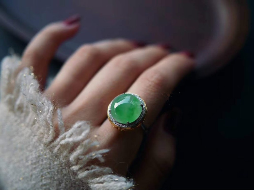 734 受注制作 18金ゴールド ミャンマー産 氷種 本翡翠 ヒスイ リング