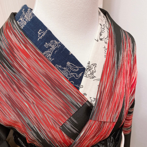 再販】鳥獣戯画の変わり半衿 ネイビー 和装小物（帯・半襟） gatto