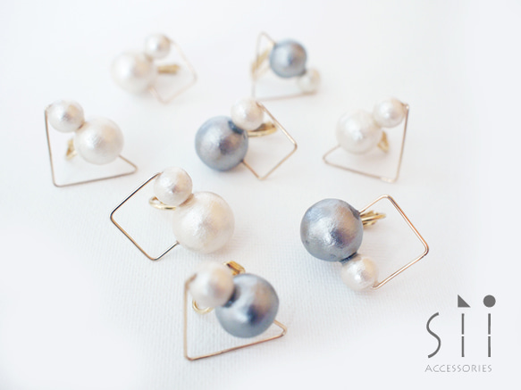 <イヤリング>cotton pearl earring/GRY×square 3枚目の画像