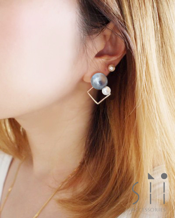 <イヤリング>cotton pearl earring/GRY×square 2枚目の画像