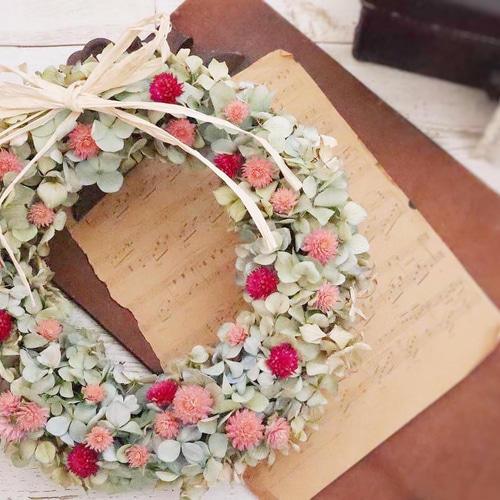 秋色紫陽花と千日紅の可愛いリース ドライフラワー Bel ange 通販  