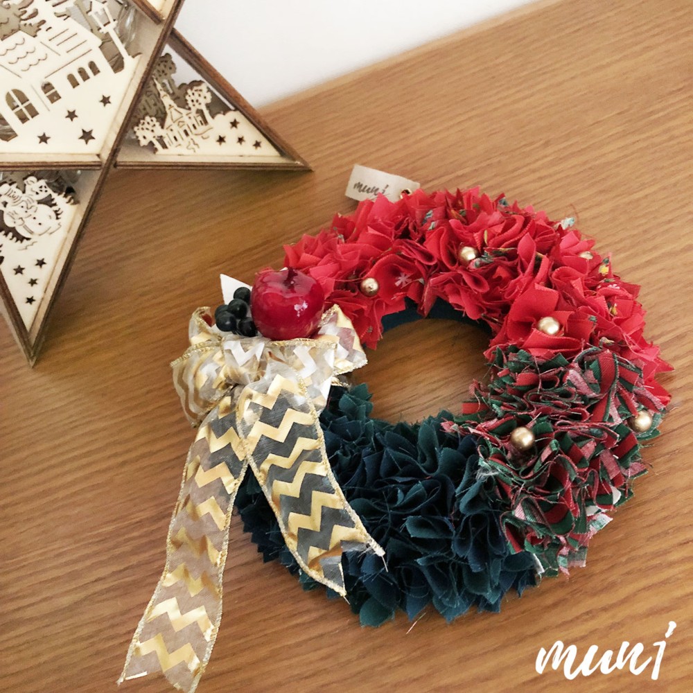 418＊布リース クリスマスリース インド刺繍リボン フラワーリース
