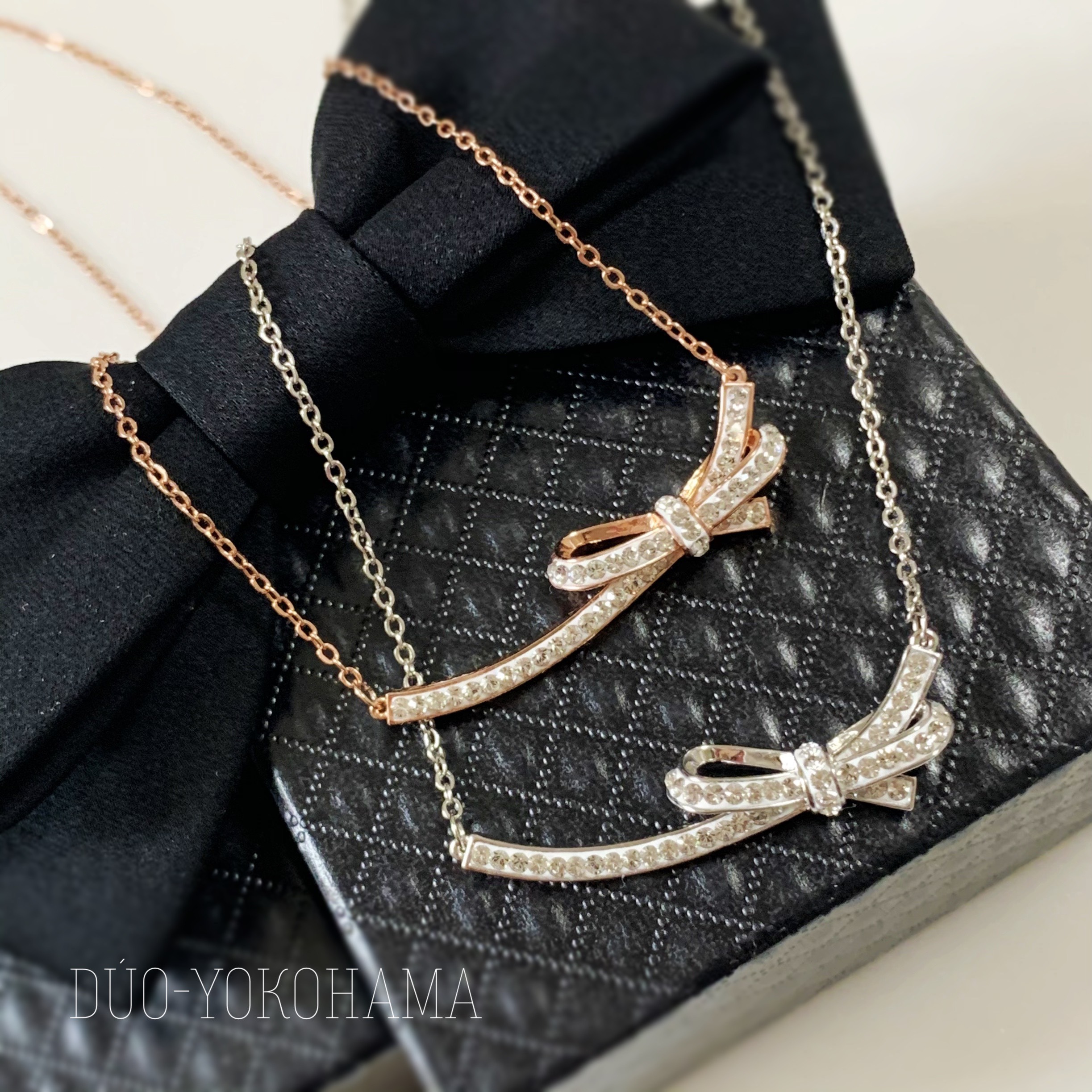 【送料無料】スワロフスキー　リュバンネックレス　リボンネックレス　リボン　バーネックレス　ピンクゴールド　シルバー