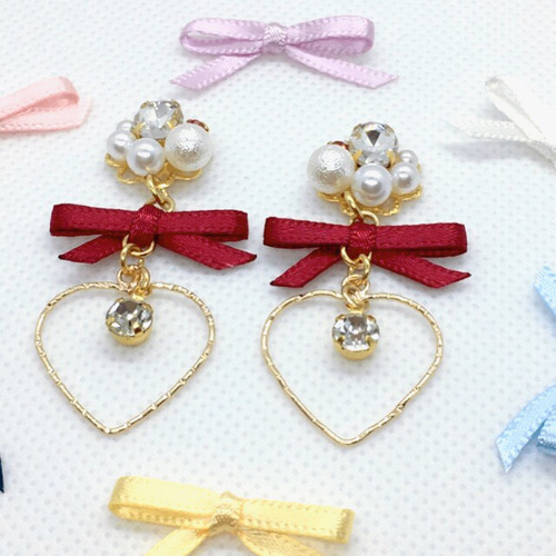 カラフルリボンとビジュー ピアス イヤリング イヤリング