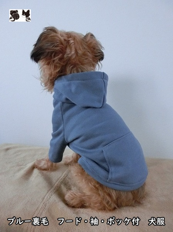 裏起毛ブルー地・袖フード付Tmrfw0307　#犬服通販　#ボストンテリア #フレンチブルドッグ 1枚目の画像