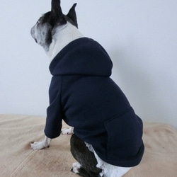 裏起毛ネイビー地・袖フード付Tmrfw0309　#犬服通販　#ボストンテリア #フレンチブルドッグ 1枚目の画像