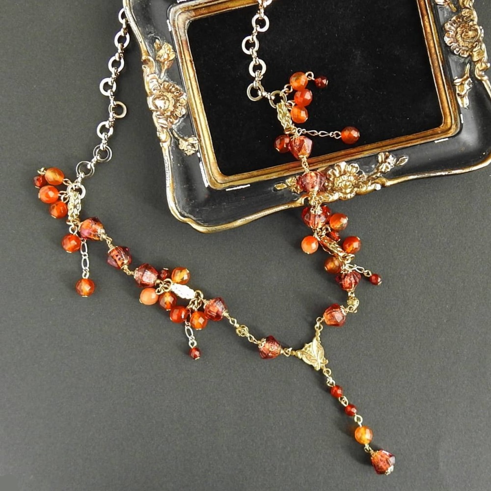 【セットアップ購入 送料無料】フォイルビーズと天然石のY字ネックレス