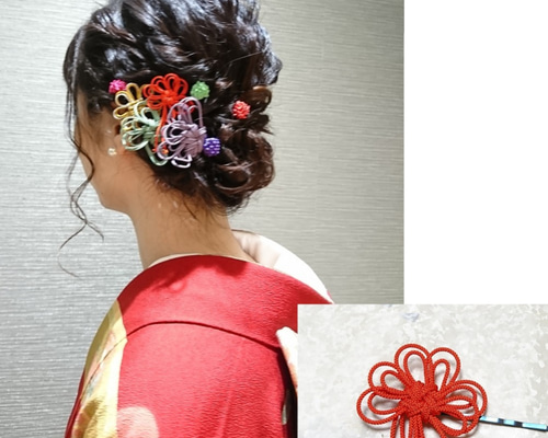 和風髪飾り 4種類のうちの1つ おれんじ メドゥプ・飾り結び ヘアピン