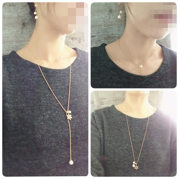 3way snow crystal & cotton perl long necklace 2枚目の画像
