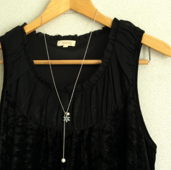 3way snow crystal & cotton perl long necklace 3枚目の画像