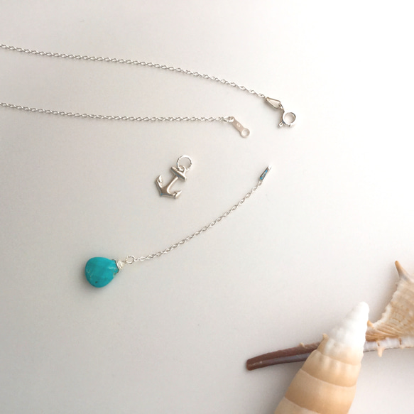 SV925 Summer marine necklace anchor ＆ turquoise Ytype 3枚目の画像