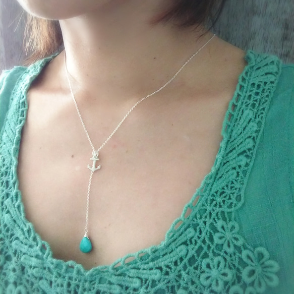 SV925 Summer marine necklace anchor ＆ turquoise Ytype 4枚目の画像