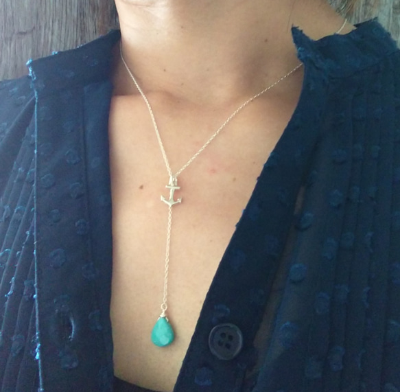 SV925 Summer marine necklace anchor ＆ turquoise Ytype 5枚目の画像