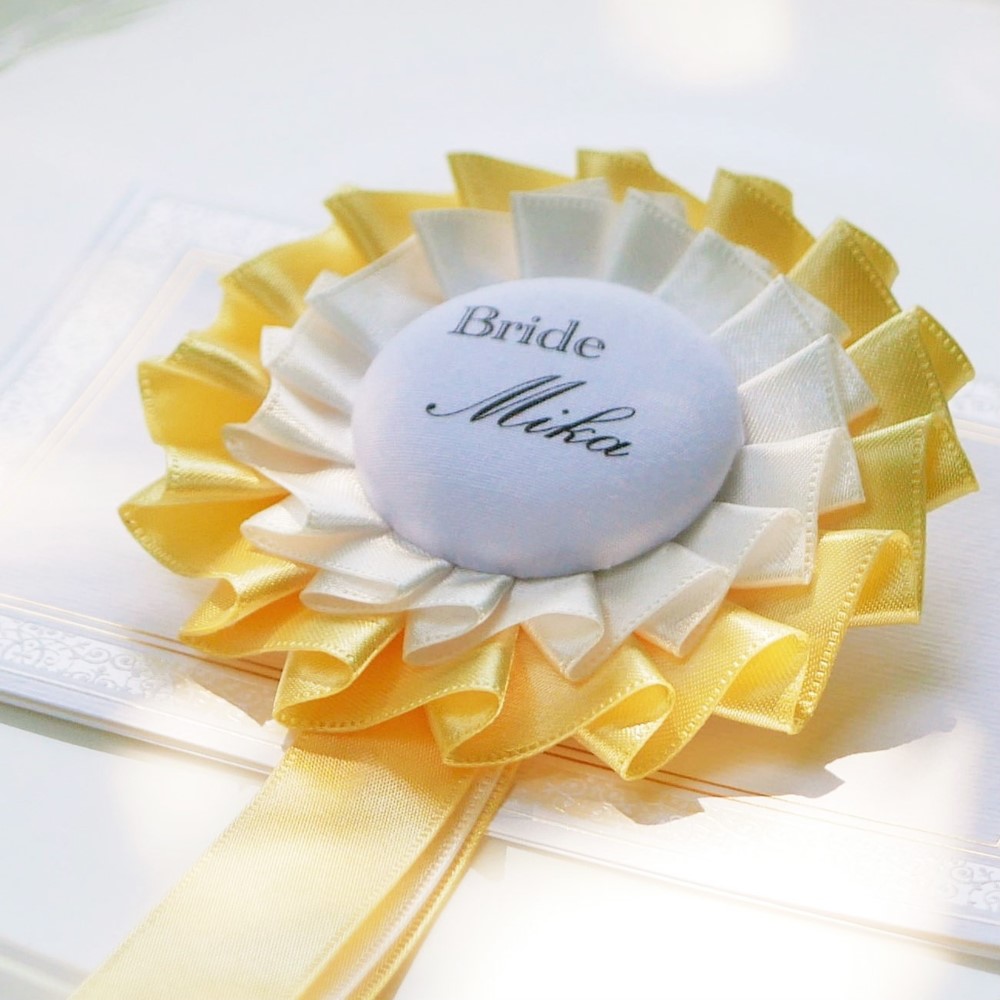 新郎新婦ロゼット【ラグジュアリープリーツ】レモンイエロー＆ホワイト