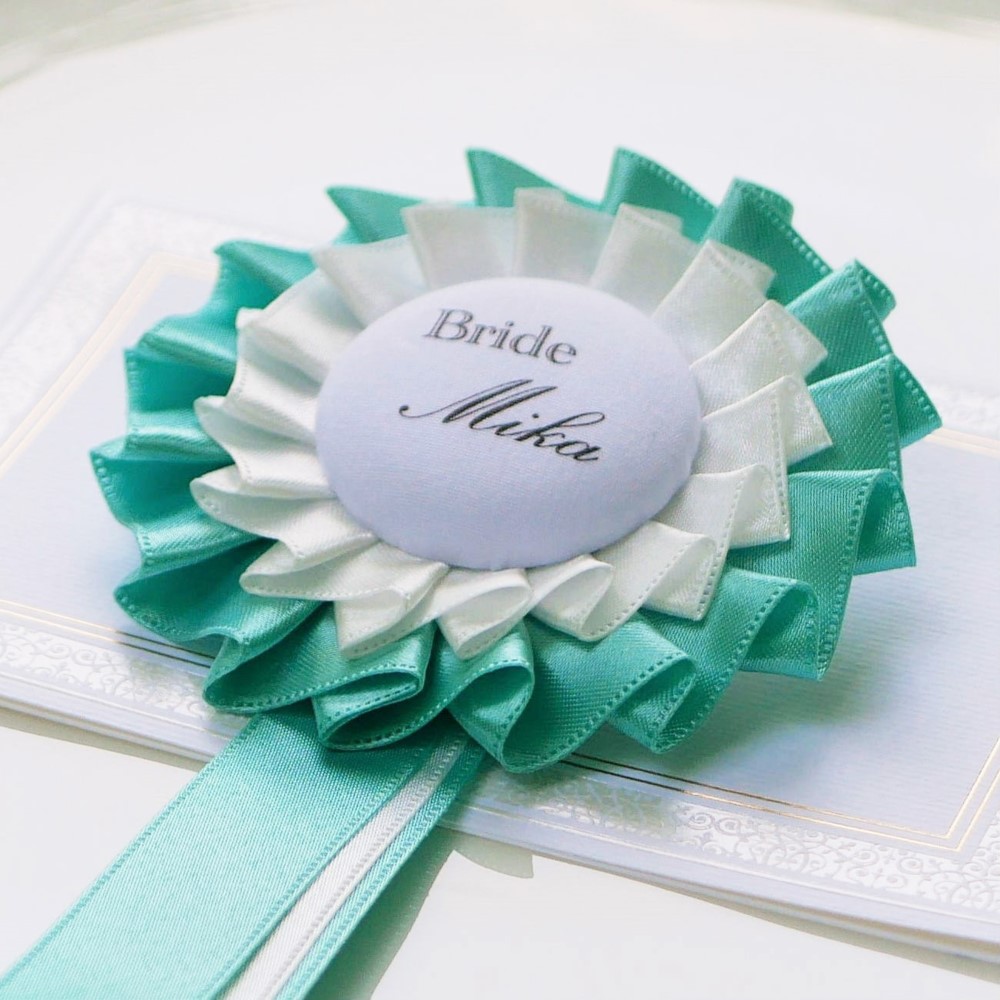 新郎新婦ロゼット【ラグジュアリープリーツ】ターコイズブルー＆ホワイト