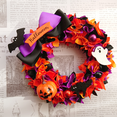 どんぐりアート♡Halloweenタペストリー風ライト付きリース♡ どんぐり